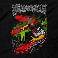 Heavy Metal Tees by Draculabyte l Made from 100% cotton, this unisex t-shirt rocks. Black T-shirt in sizes from small to 6X. Anime, Movie, Film, Animation, Japan, Japanese, Cartoon,  Chainsaw Man, Zombie, Makima, Asa Mitaka and Yoru, Power, Denji, Hunger Devil, Death Devil, Art, Tee, Store, Clothes, Shop, Akira