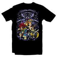 Heavy Metal Tees by Draculabyte l Made from 100% cotton, this unisex t-shirt rocks. Black T-shirt in sizes from small to 6X. Chrono Trigger, Crono, Marle, RPG, SNES, Super Nintendo, Chrono Cross, PS1, Ayla, Schala, Lucca Ashtear, Queen Zeal, Magus, Robo, Lavos, giga gaia, Guardia, Japan, Japanese, Square, Chrono Cross, PS1