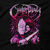 Heavy Metal Tees by Draculabyte l Made from 100% cotton, this unisex t-shirt rocks. Black T-shirt in sizes from small to 6X. Good Guy, Slasher, Killer, Doll, Chucky, Child's Play, 80s, 1980s, Film, Movie, Charles Lee Ray, Karen Barclay, Andy, Bride of Chucky, Seed of Chucky, Curse, Possessed, Clothes, Freddy, Jason, Knife, Death, Rock Horror, Art