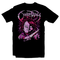 Heavy Metal Tees by Draculabyte l Made from 100% cotton, this unisex t-shirt rocks. Black T-shirt in sizes from small to 6X. Good Guy, Slasher, Killer, Doll, Chucky, Child's Play, 80s, 1980s, Film, Movie, Charles Lee Ray, Karen Barclay, Andy, Bride of Chucky, Seed of Chucky, Curse, Possessed, Clothes, Freddy, Jason, Knife, Death, Rock Horror, Art