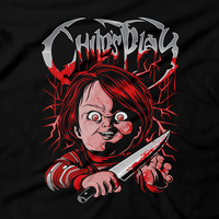 Heavy Metal Tees by Draculabyte l Made from 100% cotton, this unisex t-shirt rocks. Black T-shirt in sizes from small to 6X. Good Guy, Slasher, Killer, Doll, Chucky, Child's Play, 80s, 1980s, Film, Movie, Charles Lee Ray, Karen Barclay, Andy, Bride of Chucky, Seed of Chucky, Curse, Possessed, Clothes, Freddy, Jason, Knife, Death, Rock Horror, Art