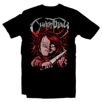 Heavy Metal Tees by Draculabyte l Made from 100% cotton, this unisex t-shirt rocks. Black T-shirt in sizes from small to 6X. Good Guy, Slasher, Killer, Doll, Chucky, Child's Play, 80s, 1980s, Film, Movie, Charles Lee Ray, Karen Barclay, Andy, Bride of Chucky, Seed of Chucky, Curse, Possessed, Clothes, Freddy, Jason, Knife, Death, Rock Horror, Art