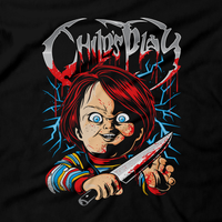 Heavy Metal Tees by Draculabyte l Made from 100% cotton, this unisex t-shirt rocks. Black T-shirt in sizes from small to 6X. Good Guy, Slasher, Killer, Doll, Chucky, Child's Play, 80s, 1980s, Film, Movie, Charles Lee Ray, Karen Barclay, Andy, Bride of Chucky, Seed of Chucky, Curse, Possessed, Clothes, Freddy, Jason, Knife, Death, Rock Horror, Art