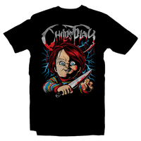 Heavy Metal Tees by Draculabyte l Made from 100% cotton, this unisex t-shirt rocks. Black T-shirt in sizes from small to 6X. Good Guy, Slasher, Killer, Doll, Chucky, Child's Play, 80s, 1980s, Film, Movie, Charles Lee Ray, Karen Barclay, Andy, Bride of Chucky, Seed of Chucky, Curse, Possessed, Clothes, Freddy, Jason, Knife, Death, Rock Horror, Art