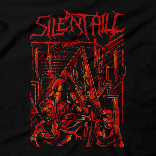 Heavy Metal Tees by Draculabyte l Made from 100% cotton, this unisex t-shirt rocks. Black T-shirt in sizes from small to 6X. Video Games, Gamer, Red, Cult, Silent Hill, Silent Hill 2, Silent Hill 3, Playstation 1, One, PS1, PS2, Playstation 2, Movie, Film, Nurses, Dogs, Fog, Shirt, Art, Heather, Bloody, The Room, Evil
