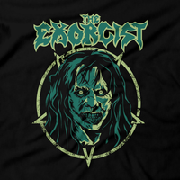 Heavy Metal Tees by Draculabyte l Made from 100% cotton, this unisex t-shirt rocks. Black T-shirt in sizes from small to 6X. Horror, Movie, Film, Scary, Halloween, Evil, Bloody, Killer, Murder, Terrior, Monster, The Exorcist, Regan, Possessed, Demon, Cross, Puke, Throw Up, Girl, 1973, exorcism, Georgetown, Death, Priest, Clothes