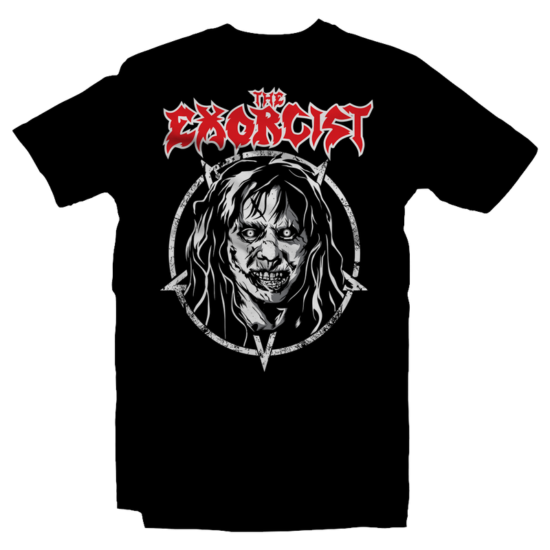 Heavy Metal Tees by Draculabyte l Made from 100% cotton, this unisex t-shirt rocks. Black T-shirt in sizes from small to 6X. Horror, Movie, Film, Scary, Halloween, Evil, Bloody, Killer, Murder, Terrior, Monster, The Exorcist, Regan, Possessed, Demon, Cross, Puke, Throw Up, Girl, 1973, exorcism, Georgetown, Death, Priest, Clothes