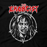 Heavy Metal Tees by Draculabyte l Made from 100% cotton, this unisex t-shirt rocks. Black T-shirt in sizes from small to 6X. Horror, Movie, Film, Scary, Halloween, Evil, Bloody, Killer, Murder, Terrior, Monster, The Exorcist, Regan, Possessed, Demon, Cross, Puke, Throw Up, Girl, 1973, exorcism, Georgetown, Death, Priest, Clothes