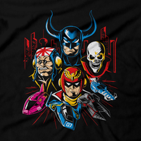 Heavy Metal Tees by Draculabyte l Made from 100% cotton, this unisex t-shirt rocks. Black T-shirt in sizes from small to 6X. Metalheads, N64, Nintendo 64, Racer, Racing, Future, Hover, F-Zero, F-Zero X, Captain Falcon, Skull, Mute City, Big Blue, F-Zero GX, Samurai Goroh, Black Shadow, SNES, Super Nintendo, Gamecube, The Skull, Super Smash Bros, Ultimate