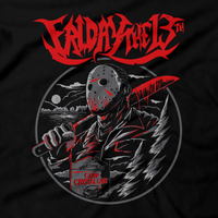 Heavy Metal Tees by Draculabyte l Made from 100% cotton, this unisex t-shirt rocks. Black T-shirt in sizes from small to 6X. Horror, Movie, Film, Scary, Halloween, Evil, Bloody, Killer, Murder, Terror, Jason Voorhees, Friday the 13th, Camp Crystal Lake, Mask, Knife, Freddy VS Jason, Pamela, Counselor, Slasher, Shirt, Clothes