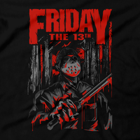 Heavy Metal Tees by Draculabyte l Made from 100% cotton, this unisex t-shirt rocks. Black T-shirt in sizes from small to 6X. Horror, Movie, Film, Scary, Halloween, Evil, Bloody, Killer, Murder, Terror, Jason Voorhees, Friday the 13th, Camp Crystal Lake, Mask, Knife, Freddy VS Jason, Pamela, Counselor, Slasher, Shirt, Clothes