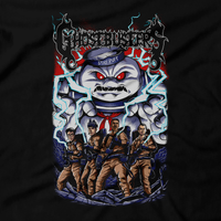 Heavy Metal Tees by Draculabyte l Made from 100% cotton, this unisex t-shirt rocks. Black T-shirt in sizes from small to 6X. Ghostbusters inspired design with Slimer, Slime, Peter Venkman, Raymond Stantz, Egon Spengler, Who Ya Gonna Call, Zuul, New York, Logo, Stay Puft, 80s Movie, 1980s, Ghost Band, Papa Emeritus, Namco, Horror, Art