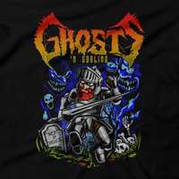 Heavy Metal Tees by Draculabyte l Made from 100% cotton, this unisex t-shirt rocks. Black T-shirt in sizes from small to 6X. Metalheads, Graphic Art, Arthur, Knight, Demons, Ghouls, Ghosts, Monsters, Princess Prin-Prin, Astaroth, Ghosts 'n Goblins, Ghosts 'n Goblins, Arcade, NES, SNES, Sega Genesis, Super Nintnedo, Zombie, Bat Clothes, Retro Game, Video Game