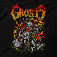 Heavy Metal Tees by Draculabyte l Made from 100% cotton, this unisex t-shirt rocks. Black T-shirt in sizes from small to 6X. Metalheads, Graphic Art, Arthur, Knight, Demons, Ghouls, Ghosts, Monsters, Princess Prin-Prin, Astaroth, Ghosts 'n Goblins, Ghosts 'n Goblins, Arcade, NES, SNES, Sega Genesis, Super Nintnedo, Zombie, Bat Clothes, Retro Game, Video Game