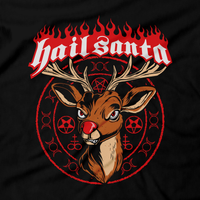 Heavy Metal Tees by Draculabyte l Made from 100% cotton, this unisex t-shirt rocks. Black T-shirt in sizes from small to 6X. Christmas, Gift, Tree, Snow, Holiday, Santa Claus, Present, Best Gift, Frosty the Snowman, Rudolph, Hail Santa, Hail Satan, Funny, Parody, Reindeer, Winter, Classic Cartoon, Devil, Best Gift, Shirt, Clothes