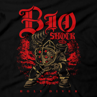 Heavy Metal Tees by Draculabyte l Made from 100% cotton, this unisex t-shirt rocks. Black T-shirt in sizes from small to 6X. Metalheads, Graphic Art, Boss, Rock and Roll, Holy Diver, Bioshock, Big Daddy, Little Sister, Dio, Rapture, City, Water, Mister Bubbles, Mr., Andrew Ryan, System Shock, RPG, Horror, Adam, Atlantic Ocean, City, Dr. Tenenbaum, Harvest
