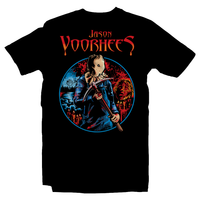 Heavy Metal Tees by Draculabyte l Made from 100% cotton, this unisex t-shirt rocks. Black T-shirt in sizes from small to 6X. Horror, Movie, Film, Scary, Halloween, Evil, Bloody, Killer, Murder, Terror, Jason Voorhees, Friday the 13th, Camp Crystal Lake, Mask, Knife, Freddy VS Jason, Pamela, Counselor, Slasher, Shirt, Clothes