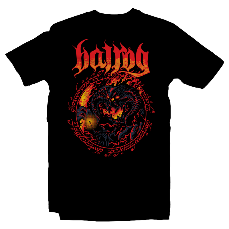 Heavy Metal Tees by Draculabyte l Made from 100% cotton, this unisex t-shirt rocks. Black T-shirt in sizes from small to 6X. Heavy Metal designs on tees. Movie, Film, Adventure, Lord of the Rings, Gandalf, Gollum, Frodo, Aragorn, Sauron, Legolas, Balrog, hobbit, mordor, middle earth, moria, the two towers, fellowship of the ring, king, mount doom, clothes