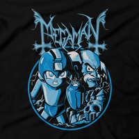 Heavy Metal Tees by Draculabyte l Made from 100% cotton, this unisex t-shirt rocks. Black T-shirt in sizes from small to 6X. Metal, Metalheads, Blue Bomber, Switch, SNES, NES, Nintendo, 8 Bit, 80s, 1980s, Rockman, Japan, Japanese, Megaman, Mega Man X, Retro, Wave, 90s, 16 Bit, Jump and Run, Boss
