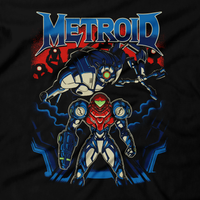 Heavy Metal Tees by Draculabyte l Made from 100% cotton, this unisex t-shirt rocks. Black T-shirt in sizes from small to 6X. Metalheads, Sci-Fi, Science Fiction, SNES, NES, Bounty Hunter, Zebes, Prime, Zero Suit, Alien, Ridley, Smash Bros, Retro Gamer, Graphic Art, Fusion, Super Nintendo, Metroid, Samus Aran, Dread, Robot, Switch Clothing