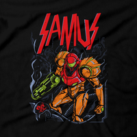 Heavy Metal Tees by Draculabyte l Made from 100% cotton, this unisex t-shirt rocks. Black T-shirt in sizes from small to 6X. Metalheads, Metroid, Samus Aran, Sci-Fi, Science Fiction, SNES, NES, Bounty Hunter, Mother Brain, Zebes, Prime, Zero Suit, Alien, Ridley, Smash Bros, Retro Gamer, Graphic Art, Space, Super Nintendo, Slayer