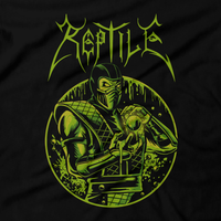 Heavy Metal Tees by Draculabyte l Made from 100% cotton, this unisex t-shirt rocks. Black T-shirt in sizes from small to 6X. Metalheads, Fighting Game, Finish Him, Arcade, Fighter, Sub Zero, Mortal Kombat 11, MK, Fatality, Blood, SNES, MK2, Raiden, 90s, 1990s, MK11, Skull, Graphic, Scorpion, Sega, Movie, Reptile, Acid, Ninja, Green