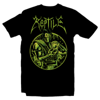 Heavy Metal Tees by Draculabyte l Made from 100% cotton, this unisex t-shirt rocks. Black T-shirt in sizes from small to 6X. Metalheads, Fighting Game, Finish Him, Arcade, Fighter, Sub Zero, Mortal Kombat 11, MK, Fatality, Blood, SNES, MK2, Raiden, 90s, 1990s, MK11, Skull, Graphic, Scorpion, Sega, Movie, Reptile, Acid, Ninja, Green