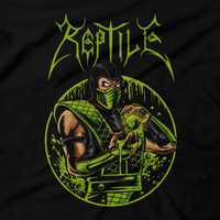 Heavy Metal Tees by Draculabyte l Made from 100% cotton, this unisex t-shirt rocks. Black T-shirt in sizes from small to 6X. Metalheads, Fighting Game, Finish Him, Arcade, Fighter, Sub Zero, Mortal Kombat 11, MK, Fatality, Blood, SNES, MK2, Raiden, 90s, 1990s, MK11, Skull, Graphic, Scorpion, Sega, Movie, Reptile, Acid, Ninja, Green