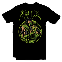 Heavy Metal Tees by Draculabyte l Made from 100% cotton, this unisex t-shirt rocks. Black T-shirt in sizes from small to 6X. Metalheads, Fighting Game, Finish Him, Arcade, Fighter, Sub Zero, Mortal Kombat 11, MK, Fatality, Blood, SNES, MK2, Raiden, 90s, 1990s, MK11, Skull, Graphic, Scorpion, Sega, Movie, Reptile, Acid, Ninja, Green