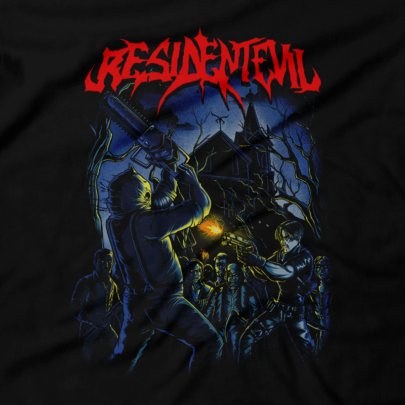 Heavy Metal Tees by Draculabyte l Made from 100% cotton, this unisex t-shirt rocks.  Black T-shirt in sizes from small to 6X Metalheads, RE, Biohazard, Umbrella, Racoon City, Leon Kennedy, Jill Valentine, Zombie, Resident Evil, 4, 7, 2, Chris Redfield, Survival Horror, T-Virus, Gamecube, Cult, Chainsaw man, guy, Tyrant, Boss
