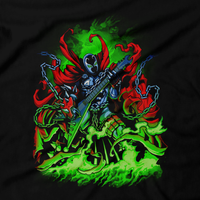 Heavy Metal Tees by Draculabyte l Made from 100% cotton, this unisex t-shirt rocks. Black T-shirt in sizes from small to 6X. Headbangers, Rock, Graphic Art, Shirt, Clothing, Cool, Batman, Movie, Film, Comic, Villain, Clown, Gotham City, DC, Comic Book, Spawn, Violator, Al Simmons, Hamburger Head, Burnt, MALEBOLGIA, Satan, Hell, Hellspawn