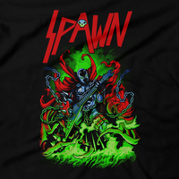 Heavy Metal Tees by Draculabyte l Made from 100% cotton, this unisex t-shirt rocks. Black T-shirt in sizes from small to 6X. Headbangers, Rock, Graphic Art, Shirt, Clothing, Cool, Batman, Movie, Film, Comic, Villain, Clown, Gotham City, DC, Comic Book, Spawn, Violator, Al Simmons, Hamburger Head, Burnt, MALEBOLGIA, Satan, Hell, Hellspawn