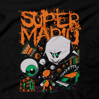 Heavy Metal Tees by Draculabyte l Made from 100% cotton, this unisex t-shirt rocks. Black T-shirt in sizes from small to 6X. King Boo, Ghost, Super Mario, SMB, Mario 3, Super Mario 64, Mario Kart 64, Retro, Video Games, Gamer, SNES, Nintendo Shirt, Switch, N64, Art, Luigi's Mansion, Halloween, Big Boo's Haunt, Piano, Red Coins, Ghost, Ghosts