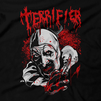 Heavy Metal Tees by Draculabyte l Made from 100% cotton, this unisex t-shirt rocks. Black T-shirt in sizes from small to 6X. Horror, Movie, Film, Scary, Halloween, Evil, Bloody, Killer, Murder, Terror, It, Pennywise, Art the Clown, Shirt, Clothes, Terrirfier, Gruesome, Serial Killer, Store, Shop, Online, Small Hat, Metalhead