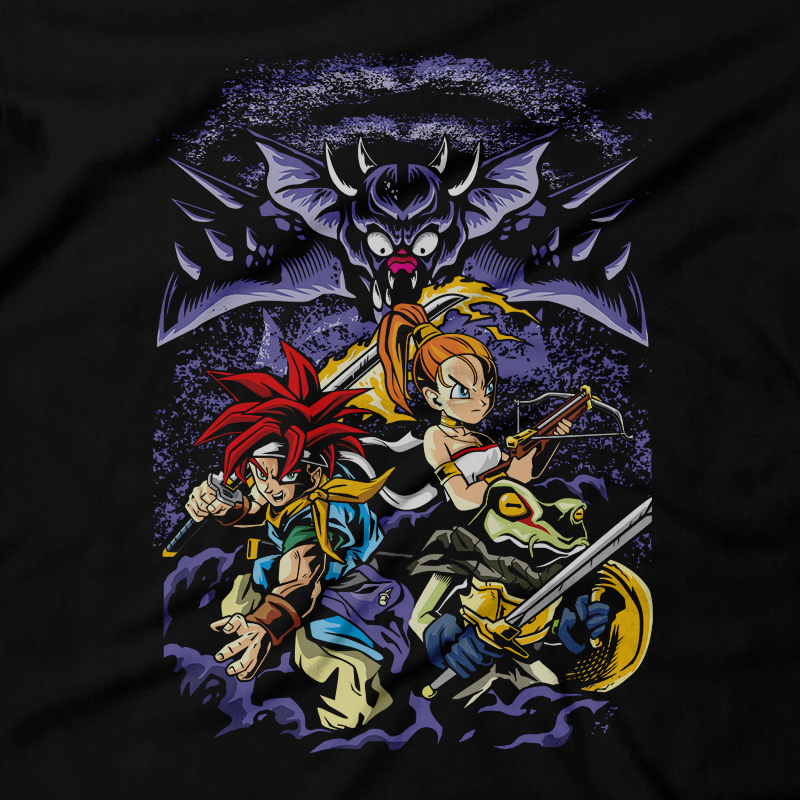 Heavy Metal Tees by Draculabyte l Made from 100% cotton, this unisex t-shirt rocks. Black T-shirt in sizes from small to 6X. Chrono Trigger, Crono, Marle, RPG, SNES, Super Nintendo, Chrono Cross, PS1, Ayla, Schala, Lucca Ashtear, Queen Zeal, Magus, Robo, Lavos, giga gaia, Guardia, Japan, Japanese, Square, Chrono Cross, PS1