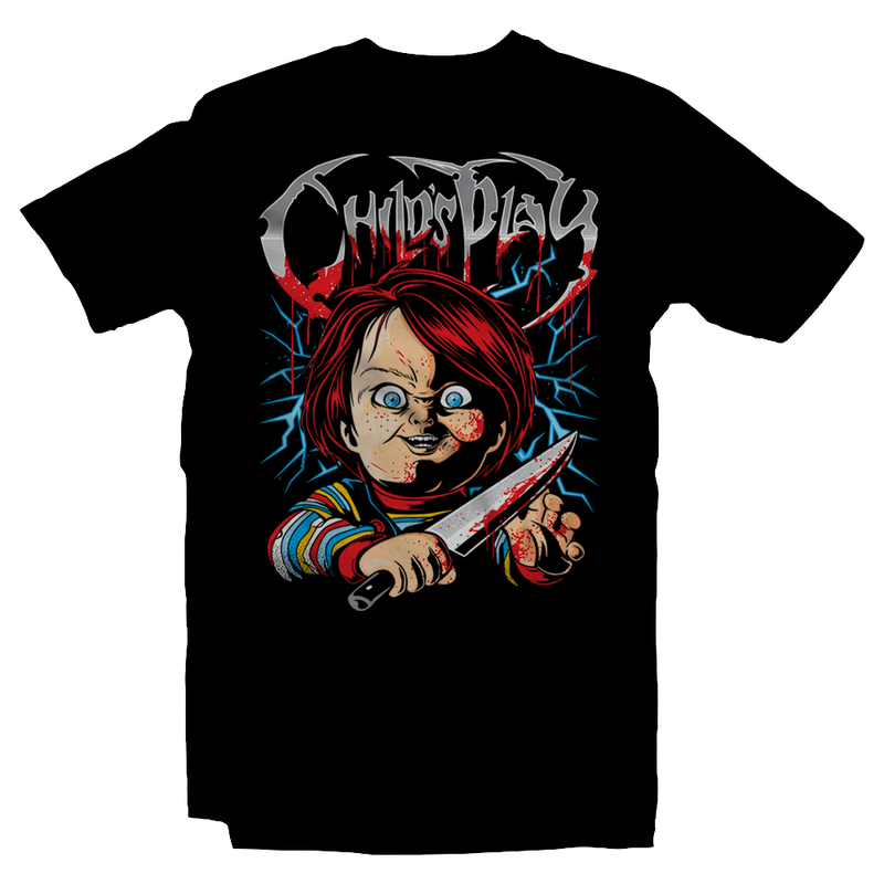 Heavy Metal Tees by Draculabyte l Made from 100% cotton, this unisex t-shirt rocks. Black T-shirt in sizes from small to 6X. Good Guy, Slasher, Killer, Doll, Chucky, Child's Play, 80s, 1980s, Film, Movie, Charles Lee Ray, Karen Barclay, Andy, Bride of Chucky, Seed of Chucky, Curse, Possessed, Clothes, Freddy, Jason, Knife, Death, Rock Horror, Art