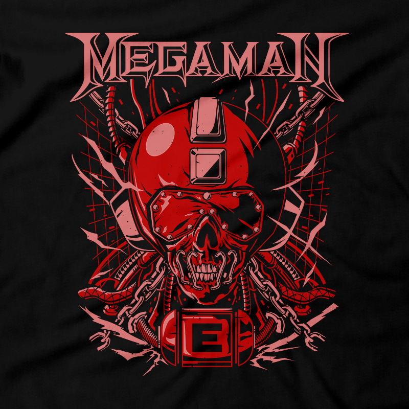 Heavy Metal Tees by Draculabyte l Made from 100% cotton, this unisex t-shirt rocks. Black T-shirt in sizes from small to 6X. Metal, Metalheads, Blue Bomber, SNES, NES, 8 Bit, 80s, 1980s, Rockman, Japan, Japanese, Megaman, Mega Man X, Boss, 90s, 16 Bit, Run and Jump, Retro Gamer, Graphic Art. Robot, Megadeth, Nintendo, Rush, Red
