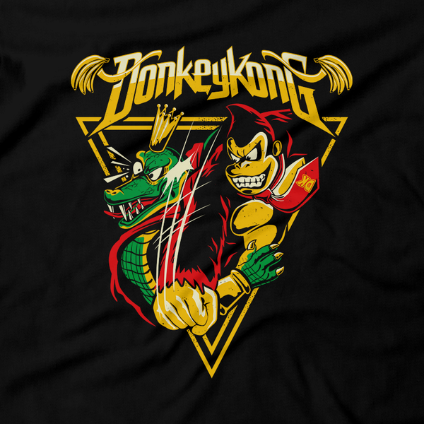 Heavy Metal Tees by Draculabyte l Made from 100% cotton, this unisex t-shirt rocks. Black T-shirt in sizes from small to 6X. Metal, Metal heads, Gamer, Nes, Nintendo, Pixel, 8-Bit, 1980s, Donkey Kong, King K Rool, Pirate, Punch, DragoForce, DKC, Super Smash Bros, Ultimate, Switch, Clothing, Tee, Super Mario, Fight, Graphic Art