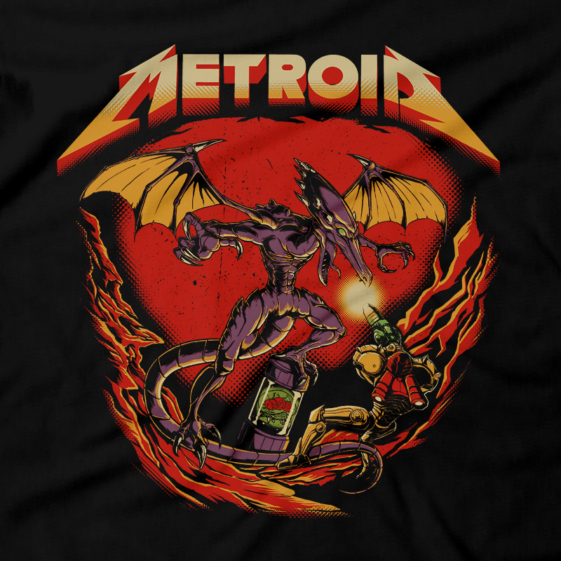 Heavy Metal Tees by Draculabyte l Made from 100% cotton, this unisex t-shirt rocks. Black T-shirt in sizes from small to 6X. Metalheads, Sci-Fi, Science Fiction, SNES, NES, Bounty Hunter, Zebes, Prime, Zero Suit, Alien, Ridley, Smash Bros, Retro Gamer, Graphic Art, Phazon, Fusion, Super Nintendo, Metallica, Metroid, Samus Aran, Clothing