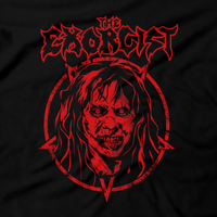 Heavy Metal Tees by Draculabyte l Made from 100% cotton, this unisex t-shirt rocks. Black T-shirt in sizes from small to 6X. Horror, Movie, Film, Scary, Halloween, Evil, Bloody, Killer, Murder, Terrior, Monster, The Exorcist, Regan, Possessed, Demon, Cross, Puke, Throw Up, Girl, 1973, exorcism, Georgetown, Death, Priest, Clothes