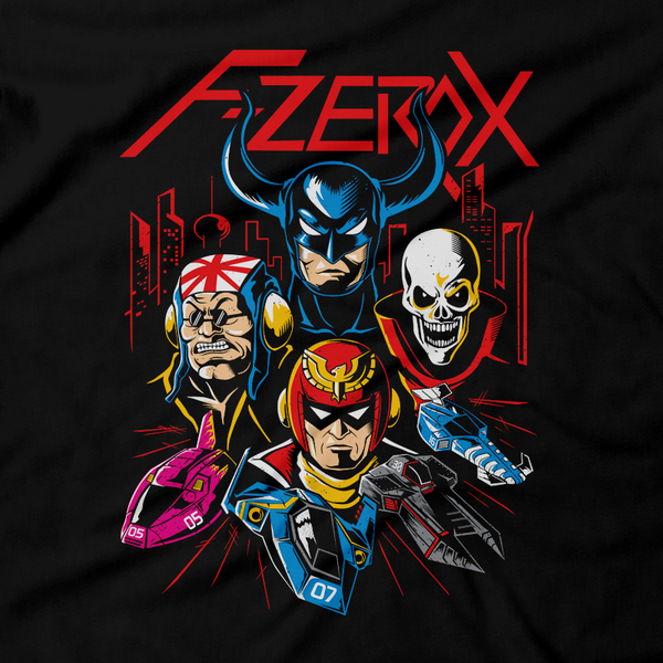 Heavy Metal Tees by Draculabyte l Made from 100% cotton, this unisex t-shirt rocks. Black T-shirt in sizes from small to 6X. Metalheads, N64, Nintendo 64, Racer, Racing, Future, Hover, F-Zero, F-Zero X, Captain Falcon, Skull, Mute City, Big Blue, F-Zero GX, Samurai Goroh, Black Shadow, SNES, Super Nintendo, Gamecube, The Skull, Super Smash Bros, Ultimate
