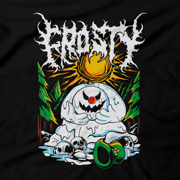 Heavy Metal Tees by Draculabyte l Made from 100% cotton, this unisex t-shirt rocks. Black T-shirt in sizes from small to 6X. Christmas, Gift, Tree, Snow, Holiday, Santa Claus, Present, Cookies, Best Gift, Frosty the Snowman, Snow, Melt, Melting, Kids, Winter, Sad, Dead, Death, Skull, Classic Cartoon, Best Gift, Shirt, Clothes