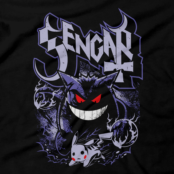 Heavy Metal Tees by Draculabyte l Made from 100% cotton, this unisex t-shirt rocks. Black T-shirt in sizes from small to 6X. Pokemon, Nintendo, Gengar, Poison, Ghost Type, Pikachua, Shadow, Blue, Red, Moon, Retro, Video Games, Gamer, Card, Sun, Game Boy Ghost Band, Papa Emeritus, Nintendo Shirt, Switch, Sword and Shield, Graphic Art.
