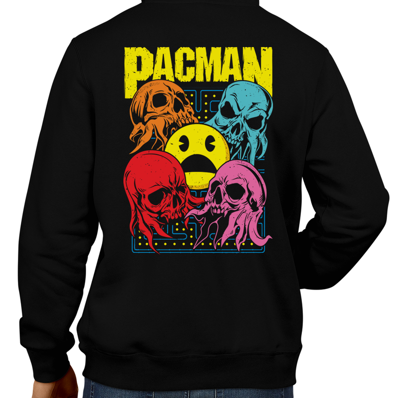 This unisex hoodie rocks. Black Hoodie For Men or Women. Sizes S to 5X - Metalheads, Music, Banger, Pac Man sinpred design with Ghosts, Inky, Pinky, Blinky, Clyde, Sci-Fi, Pac-Man, Space, Death, Pacman, Arcade, 80s, 1980s, Astronaut, Nasa, Skull, Skeleton, Ghost Band, Papa Emeritus, Namco, Ghouls, Horror, Art, Hoody, Jacket
