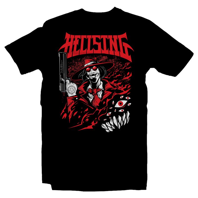 Heavy Metal Tees by Draculabyte l Made from 100% cotton, this unisex t-shirt rocks. Black T-shirt in sizes from small to 6X. Anime, Movie, Film, Animation, Japan, Japanese,  Royal Knights, Van Hellsing, Hellsing, Horror, Vampire, Ghouls, Undead, Alucard, Seras Victoria, Montana Max, Art, Tee, Zombie, Arms Gun, Store, Clothes, Shop