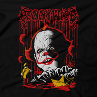 Heavy Metal Tees by Draculabyte l Made from 100% cotton, this unisex t-shirt rocks. Black T-shirt in sizes from small to 6X. Horror, Movie, Film, Scary, Halloween, Evil, Bloody, Killer, Murder, Terror, Monster, It, Pennywise, Dancing Clown, We All Float Down Here, Boat, Children, Eat, Transform, Derry, Shirt, Clothes, Georgie