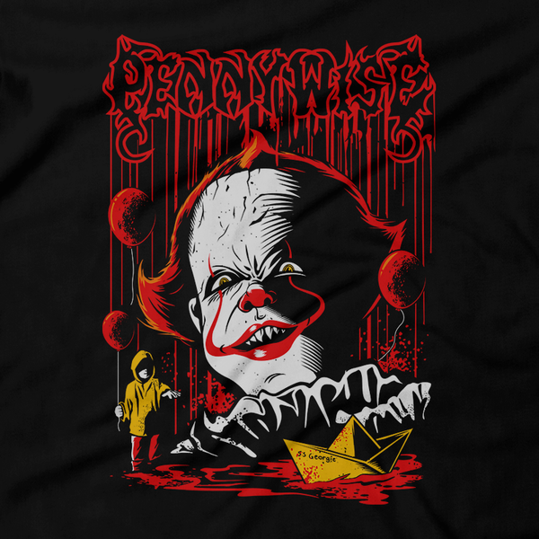 Heavy Metal Tees by Draculabyte l Made from 100% cotton, this unisex t-shirt rocks. Black T-shirt in sizes from small to 6X. Horror, Movie, Film, Scary, Halloween, Evil, Bloody, Killer, Murder, Terror, Monster, It, Pennywise, Dancing Clown, We All Float Down Here, Boat, Children, Eat, Transform, Derry, Shirt, Clothes, Georgie