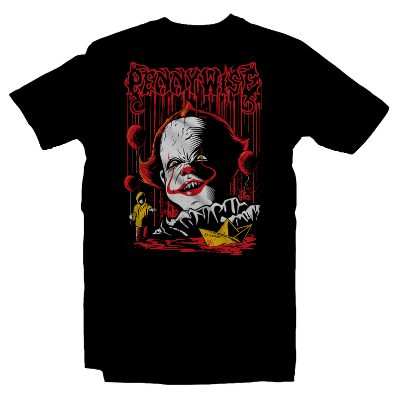 Heavy Metal Tees by Draculabyte l Made from 100% cotton, this unisex t-shirt rocks. Black T-shirt in sizes from small to 6X. Horror, Movie, Film, Scary, Halloween, Evil, Bloody, Killer, Murder, Terror, Monster, It, Pennywise, Dancing Clown, We All Float Down Here, Boat, Children, Eat, Transform, Derry, Shirt, Clothes, Georgie