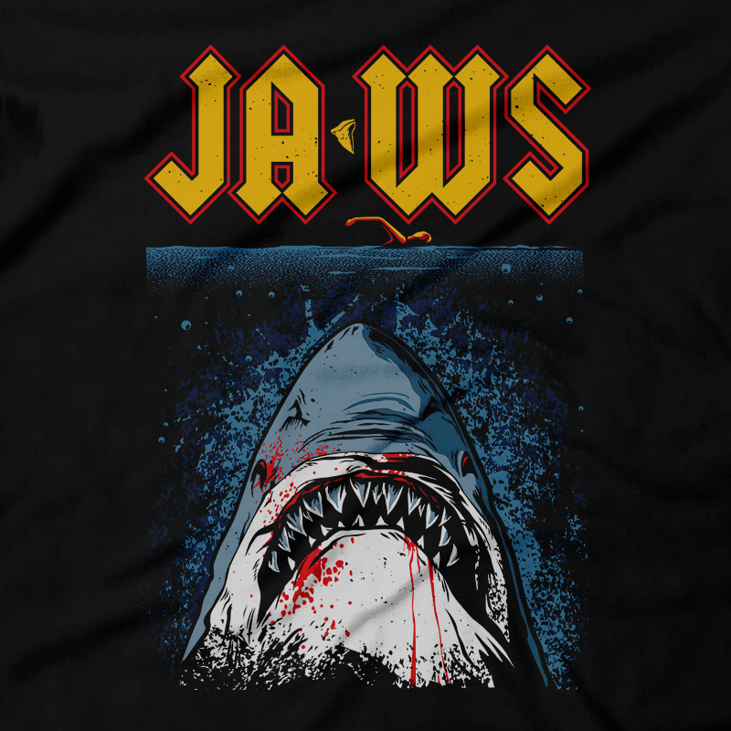 Heavy Metal Tees by Draculabyte l Made from 100% cotton, this unisex t-shirt rocks. Black T-shirt in sizes from small to 6X. Horror, Movie, Film, Monster, Horror, Scary, Shark, Jaws, Killer Shark, Boat, Ocean, Bite, Fin, Steven Spielberg, Amity Island, Quint, Brody, Jaws 2, Jaws 3, Hooper Fight, Art, Tee, Store, Clothes, Metalhead