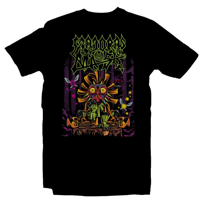 Heavy Metal Tees by Draculabyte l Made from 100% cotton, this unisex t-shirt rocks. Black T-shirt in sizes from small to 6X. Metalheads, Skull Kid, Retro Gamer, Graphic Art, Video Games, Breath of the Wild, Ganon, TLOZ, Moon, Hyrule, Ocarina of Time, OOT, Majora's Mask, Nintendo 64 Shirt, Hyrule, Triforce, N64, Link, Termina, Zora, Mayhem, The Legend of Zelda